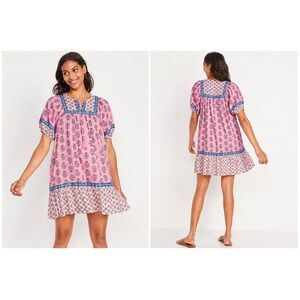 Old Navy Boho Prairie Mini Dress Pink  Floral Cotton Sz XL Coastal